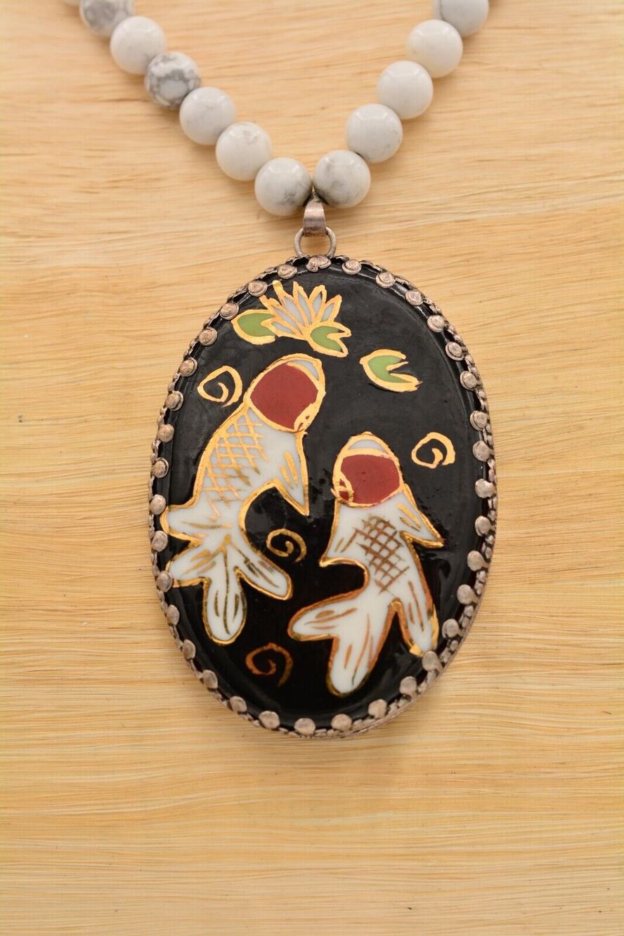 Vintage Koi Fish Painted Pendant Necklace Marble Stone Beaded Artisan Bin6B